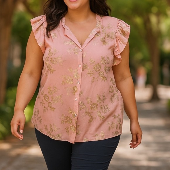 Kindred | Flutter‎ Sleeves Gold Floral Print Pink Blouse Plus Size 2X Boho Fairy - Picture 1 of 7